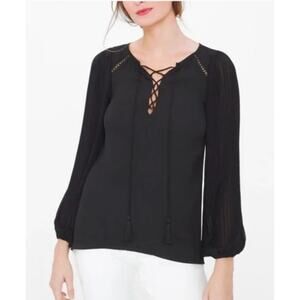 White House Black Market Lena Pleated Sleeve Shirt Top Black Balloon Crepe sz 16